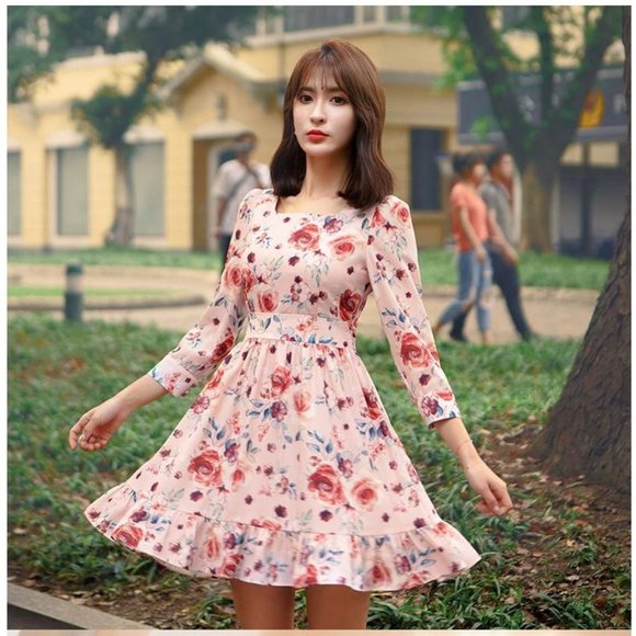 Milkcocoa Dresses & Skirts - Flower Print 3/4-Sleeve A-Line Mini Dress